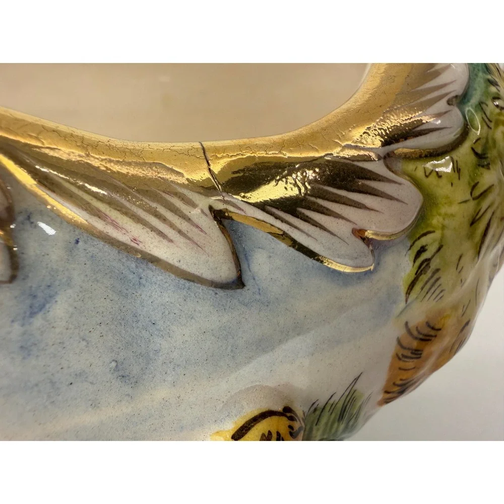 Capodimonte Italy Ceramic Centerpiece Bowl Relief Mythological Cherub Gold Gilt